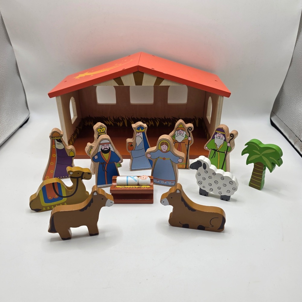 Wooden Nativity Set Kids Multicolor Chunky 14pc Manger Scene Montessori Figures